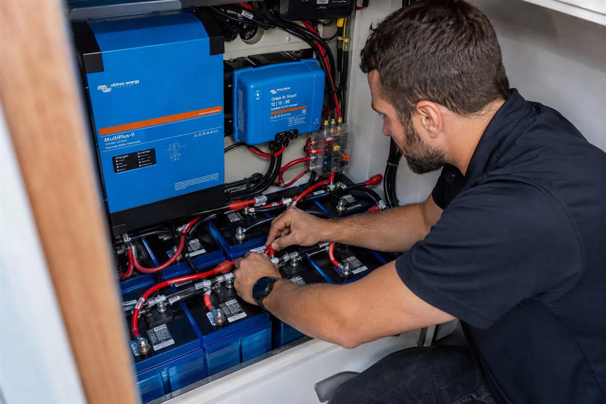 Universal Marine Service technician wiring a Victron Energy inverter and battery bank