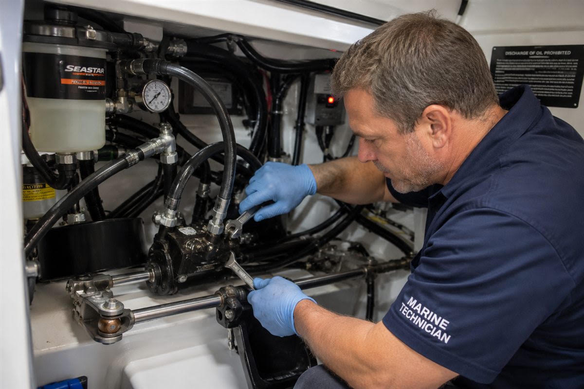 Universal Marine Service technician servicing a SeaStar hydraulic steering system