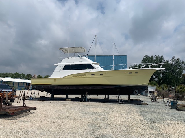 Sportfishing boat hauled out on the hard for service